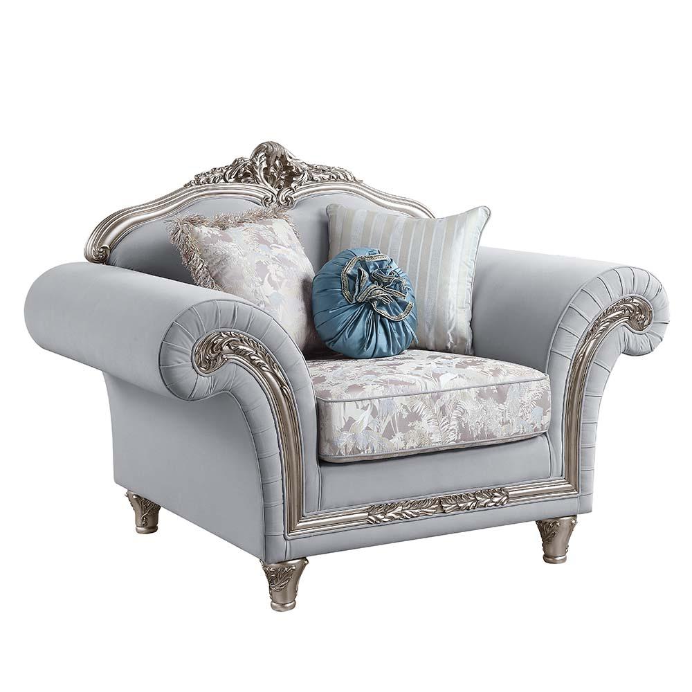 Pelumi Light Gray Linen & Platinum Finish Chair w/3 Pillows. Picture 1