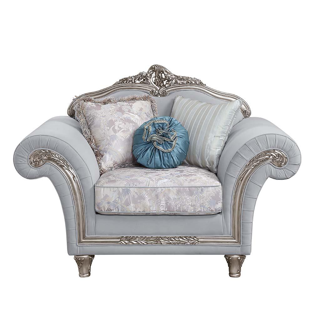 Pelumi Light Gray Linen & Platinum Finish Chair w/3 Pillows. Picture 2