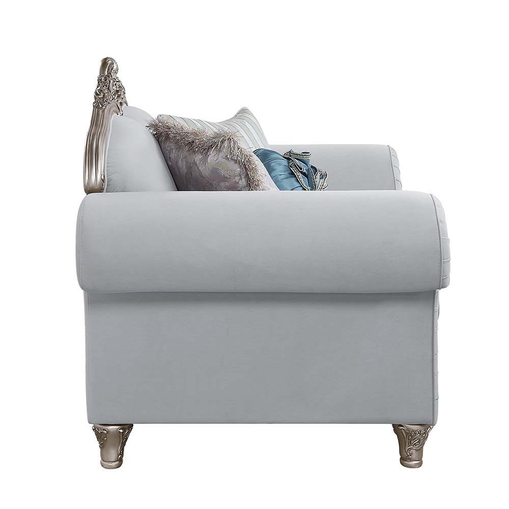 Pelumi Light Gray Linen & Platinum Finish Chair w/3 Pillows. Picture 3
