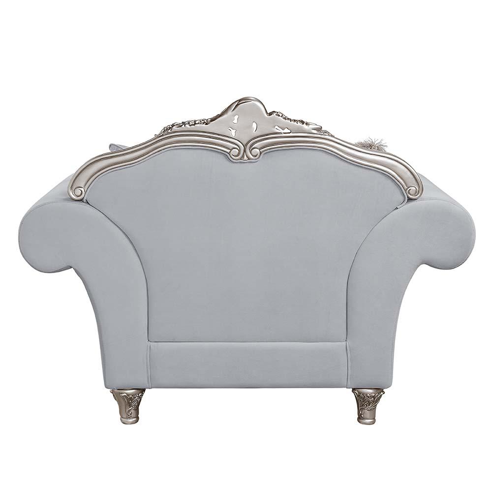 Pelumi Light Gray Linen & Platinum Finish Chair w/3 Pillows. Picture 4