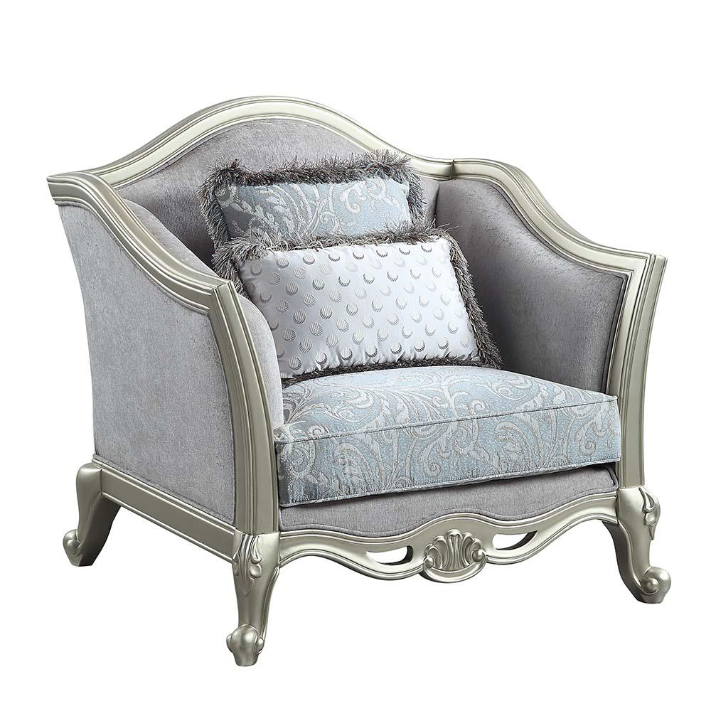 Qunsia Light Gray Linen & Champagne Finish Chair w/2 Pillows. Picture 1