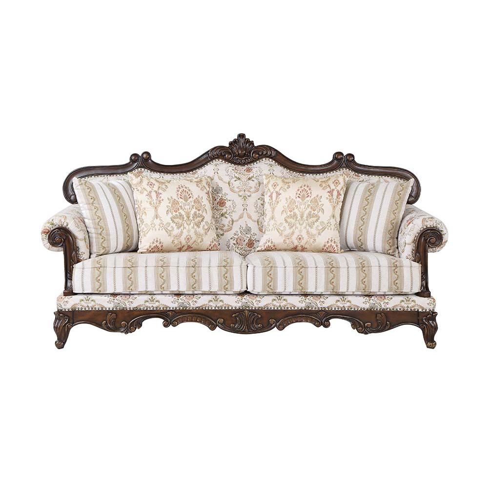 Nayla Pattern Fabric & Walnut Finish Sofa w/4 Pillows. Picture 2