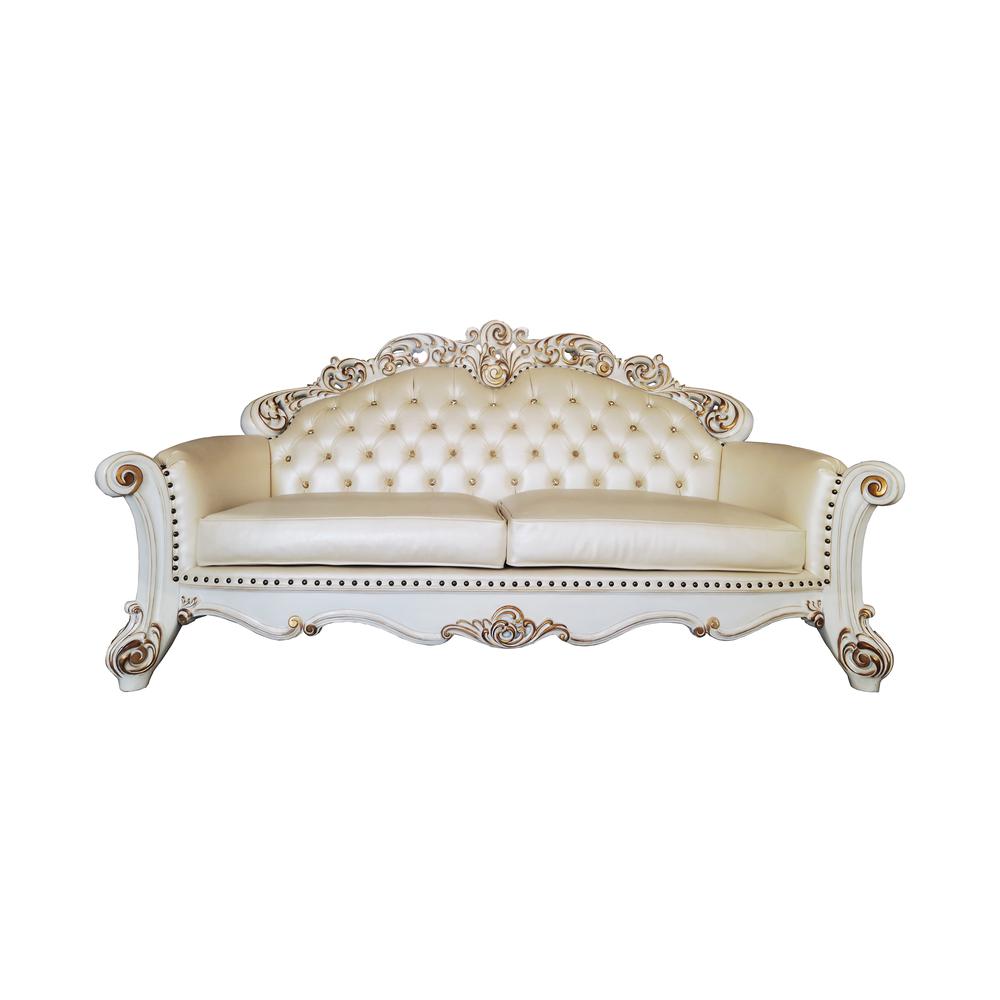 Vendome Sofa w/5 Pillows in Champagne Synthetic Leather & Antique Pearl Finsih. Picture 2