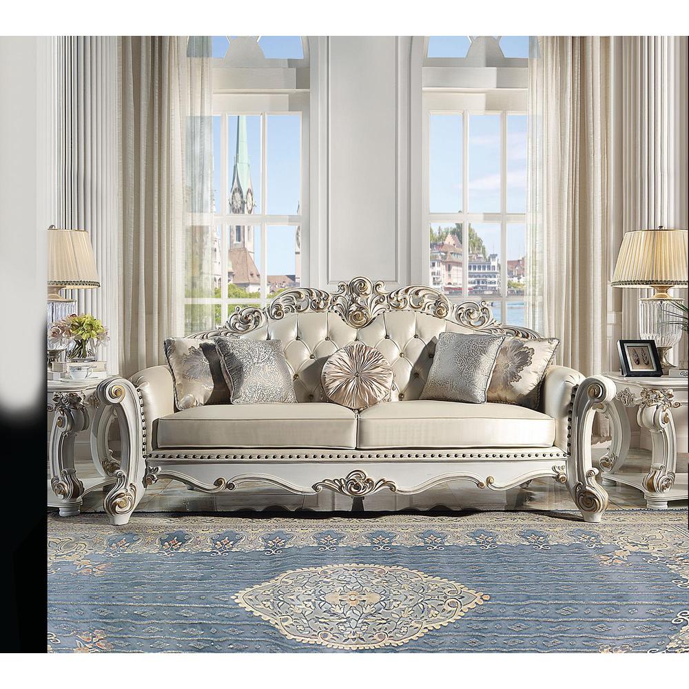 Vendome Sofa w/5 Pillows in Champagne Synthetic Leather & Antique Pearl Finsih. Picture 5