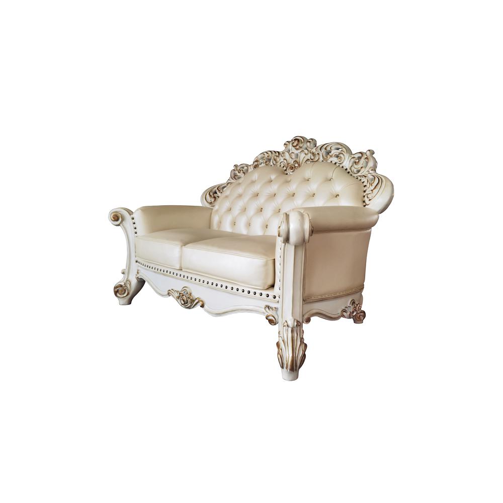 Loveseat w/3 Pillows in Champagne Synthetic Leather & Antique Pearl Finsih. Picture 1