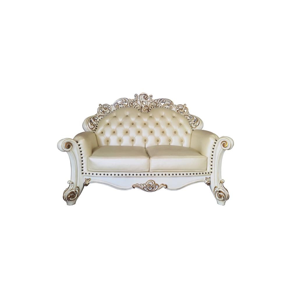 Loveseat w/3 Pillows in Champagne Synthetic Leather & Antique Pearl Finsih. Picture 3
