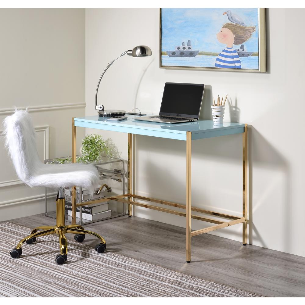 ACME Midriaks Writing Desk, Baby Blue & Gold Finish. Picture 2