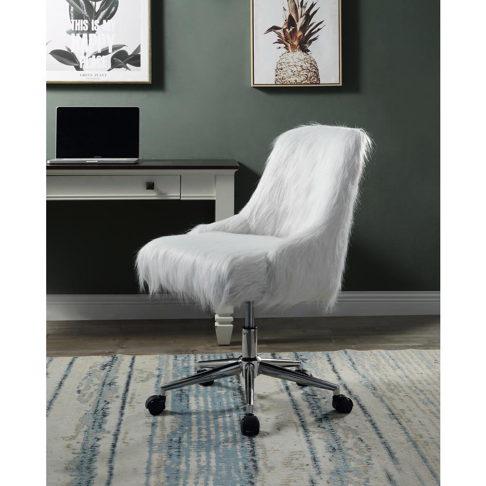 ACME Arundell II Office Chair, White Faux Fur & Chrome Finish. Picture 1