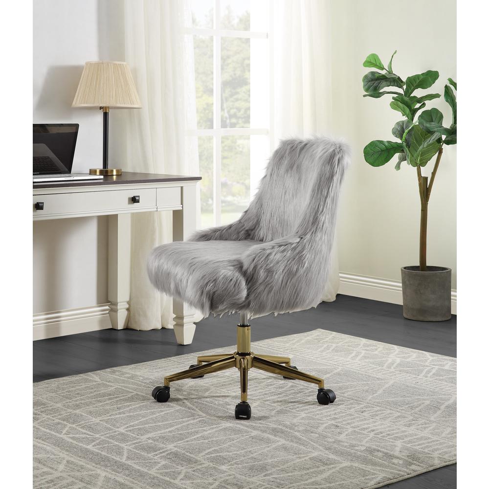 ACME Arundell II Office Chair, Gray Faux Fur & Gold Finish. Picture 1