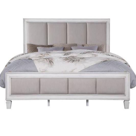 ACME Katia Eastern King Bed, Gray Linen & White Finish. Picture 1