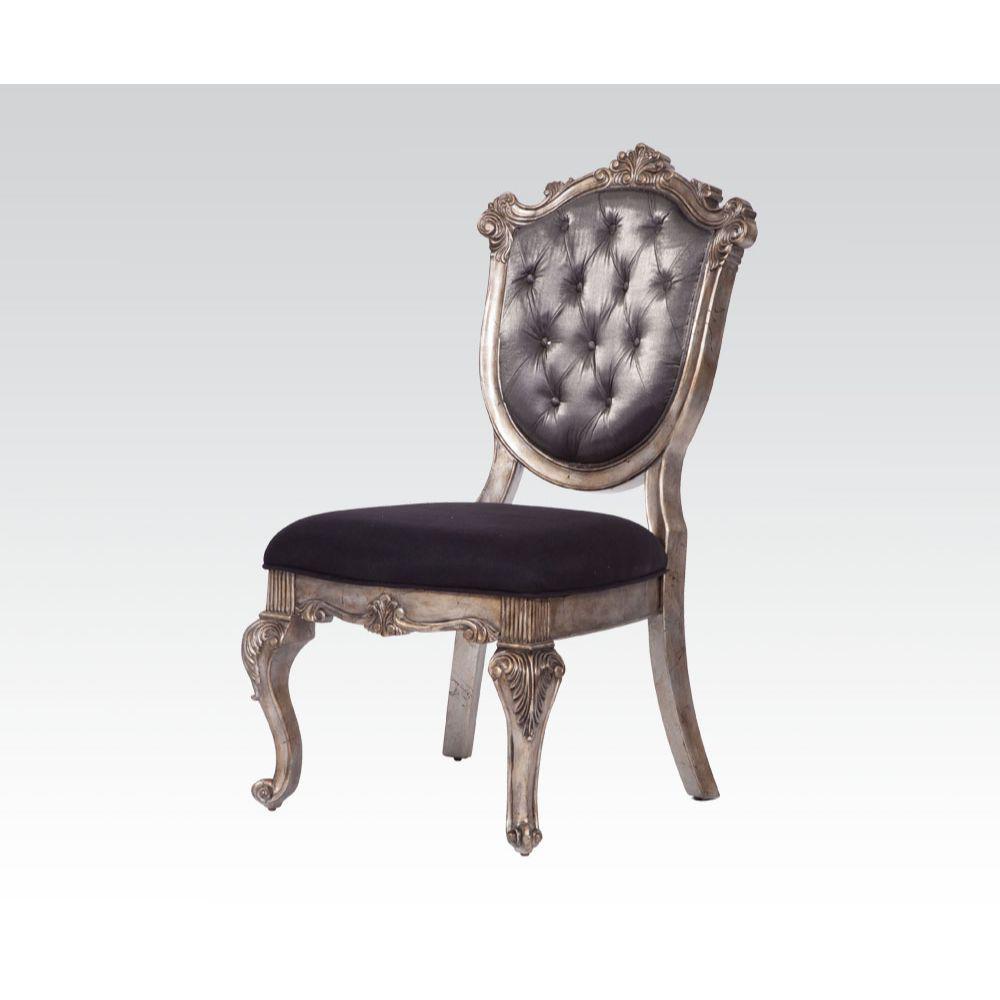 ACME Chantelle Side Chair, Silver Gray Silk-Like Fabric & Antique Platinum. Picture 1