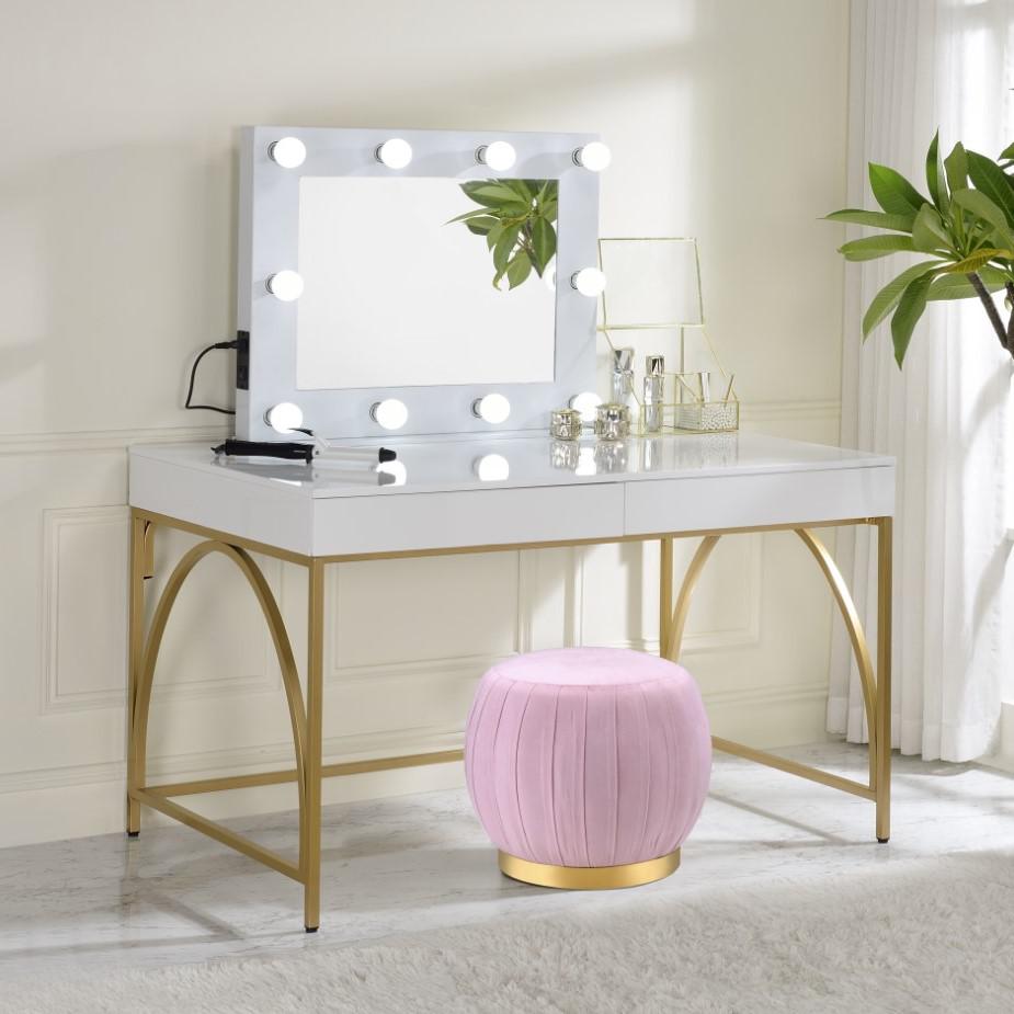 ACME Lightmane Vanity Desk , White High Gloss & Gold Finish. Picture 1