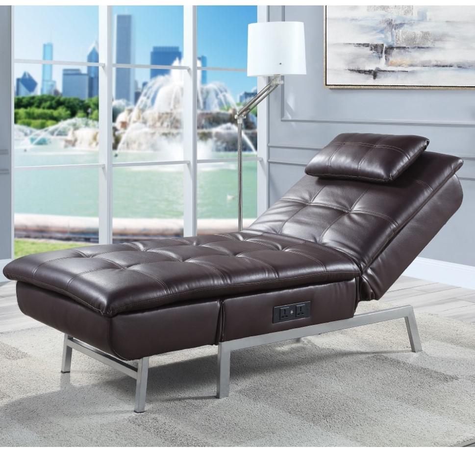 ACME Padilla Chaise Lounge w/Pillow & USB Port, Brown Fabric. Picture 1