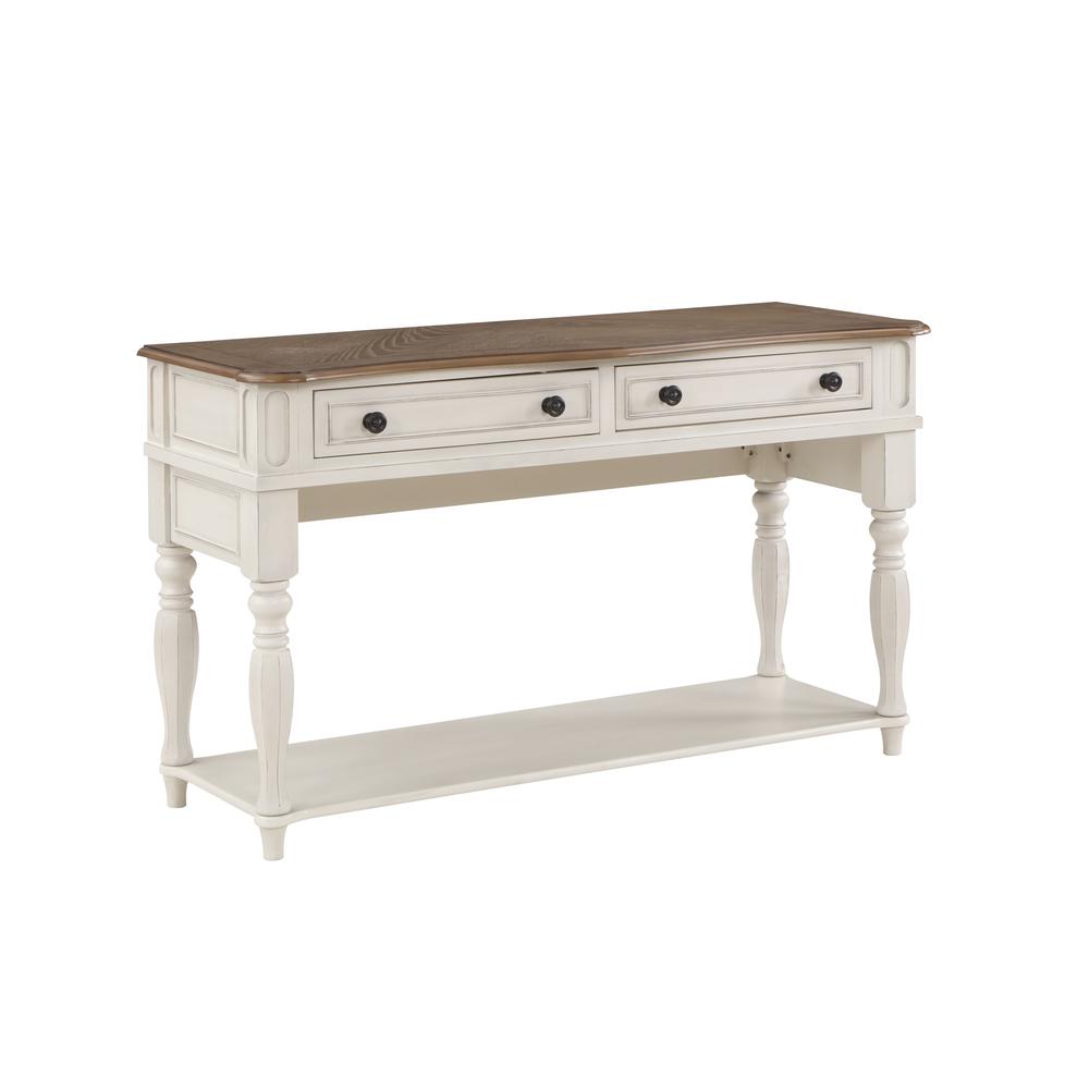 Florian 2-Drawer Wooden Sofa Table in Oak and Antique White. Picture 1