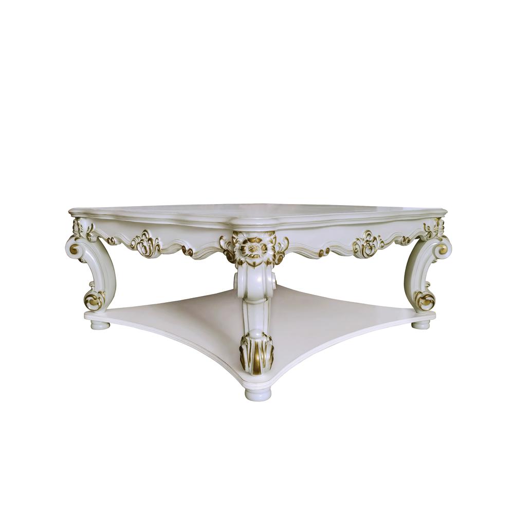 Vendome Wooden Square Coffee Table with Scrolled Legs in Antique Pearl. Picture 1