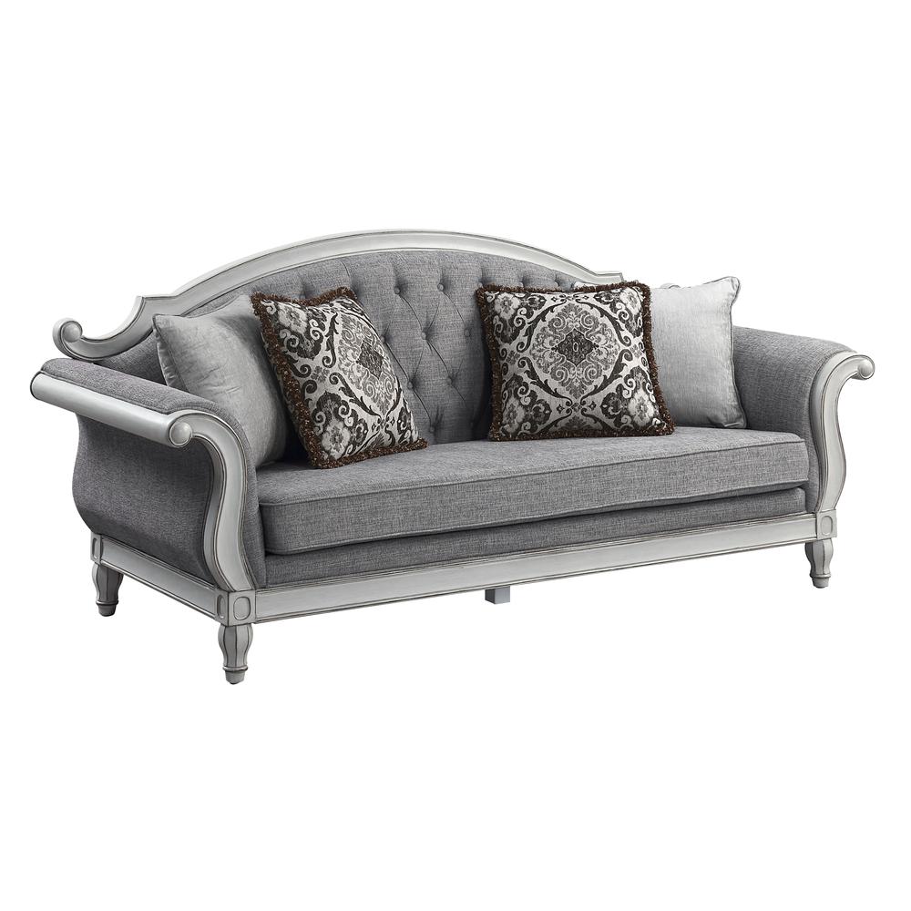 Furniture Florian Tufted Fabric Sofa with 4 Pillows in Gray/Antique White. Picture 1