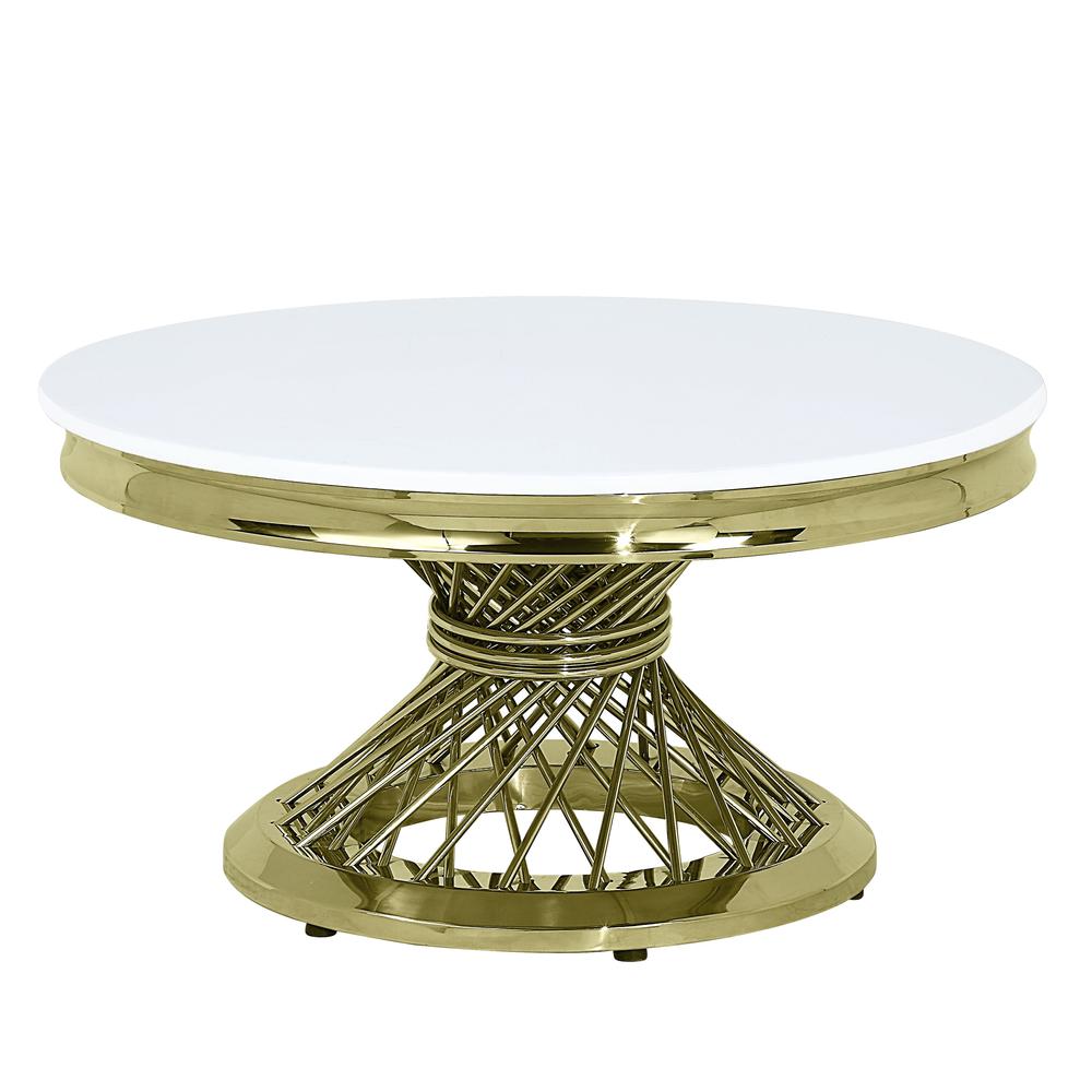 Furniture Fallon Round Stainless Steel Coffee Table in White/Gold. Picture 1
