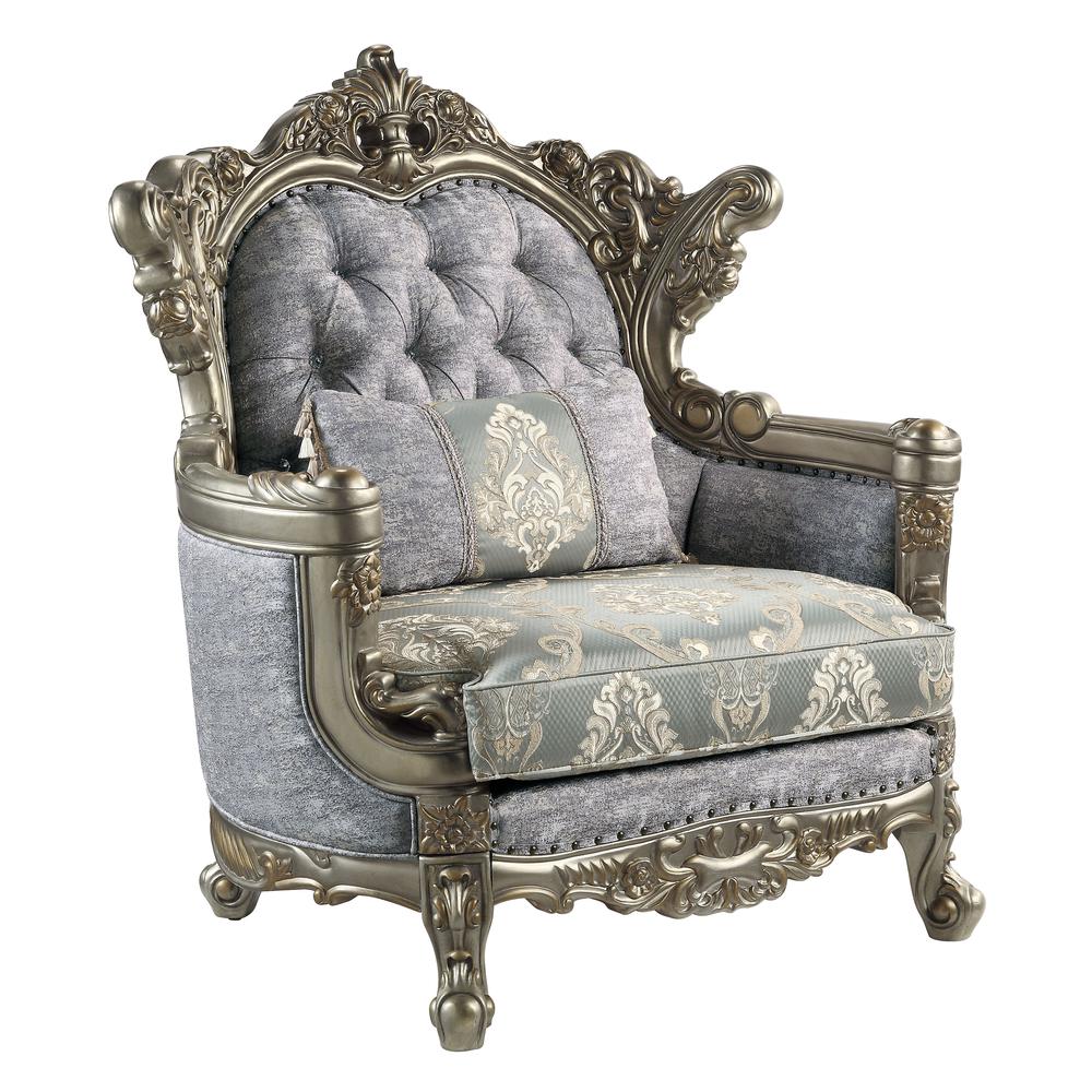 Furniture Miliani Tufted Fabric/Wood Chair w/ Pillow in Gray/Antique Bronze. Picture 1