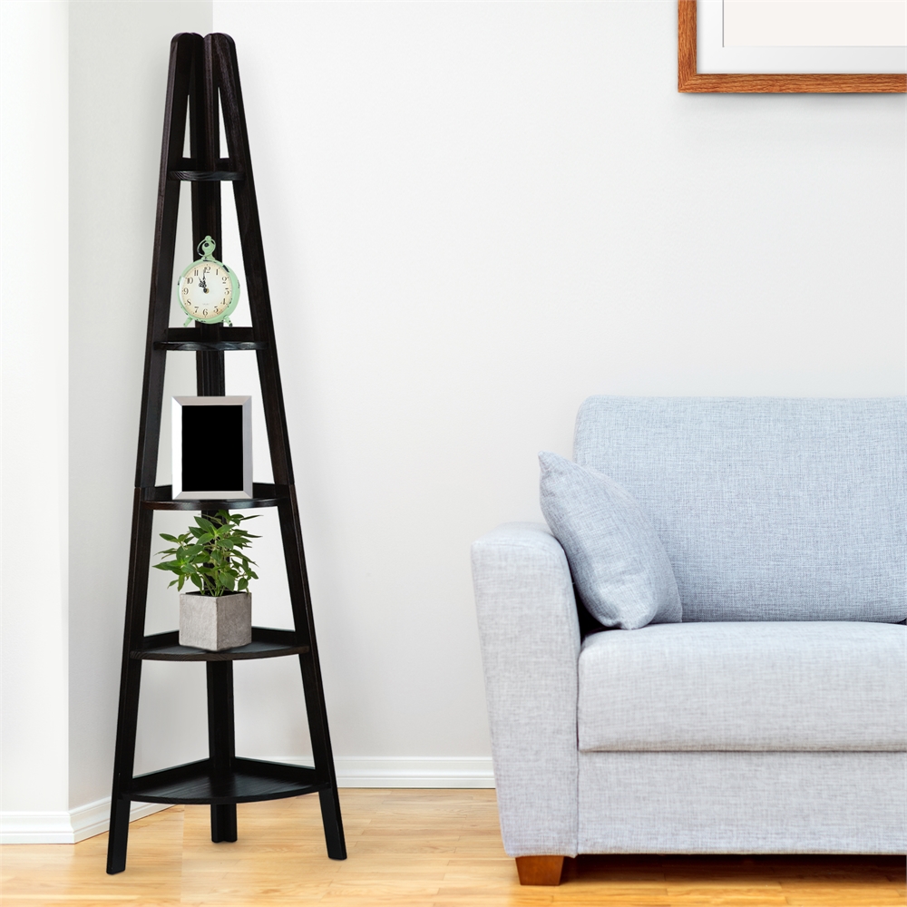 5-Shelf Corner Ladder Bookcase-Espresso. Picture 7