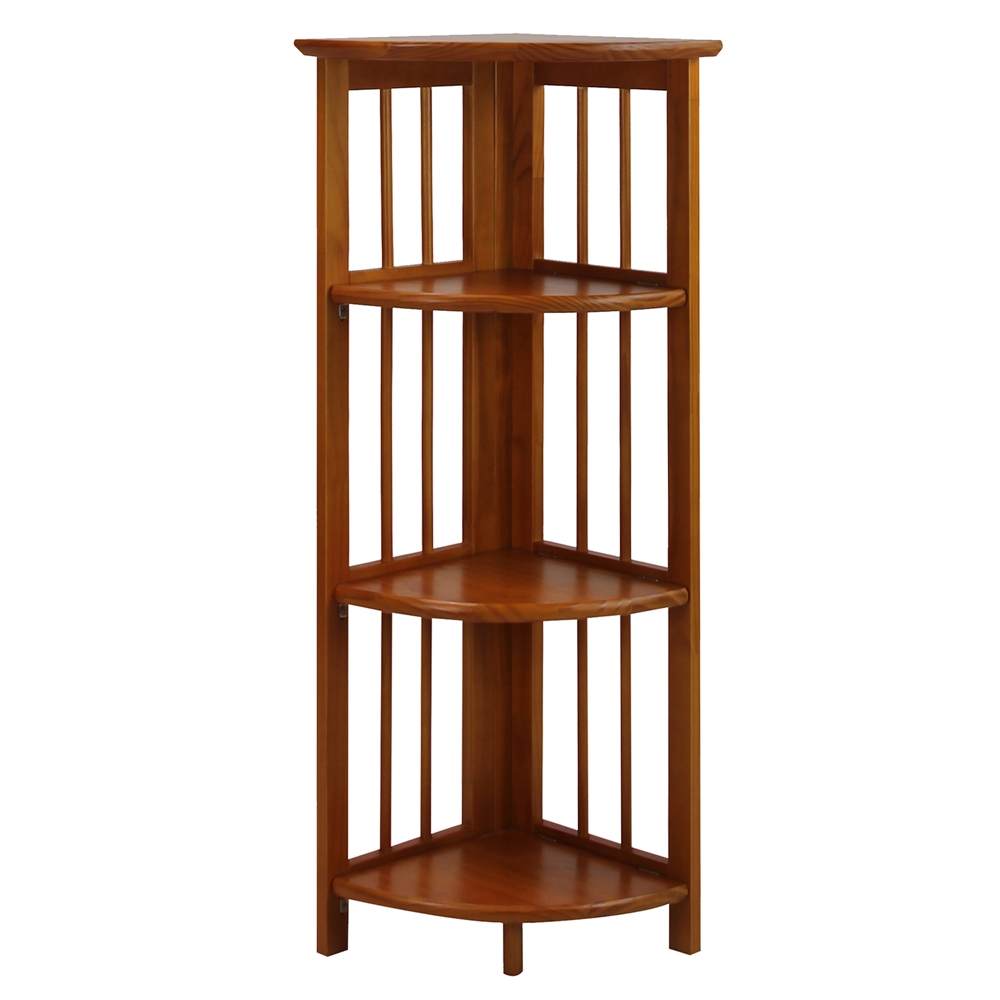 4-Shelf Corner Folding Bookcase-Honey Oak. Picture 1