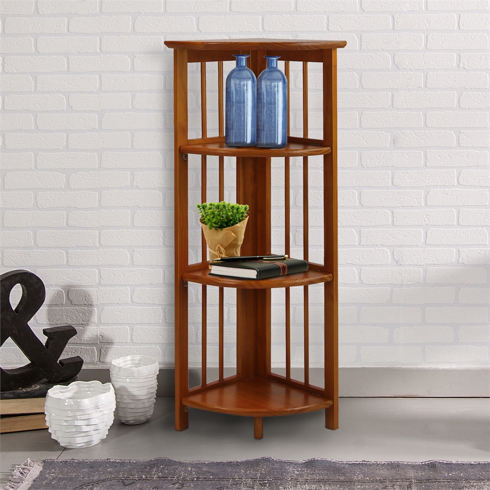 4-Shelf Corner Folding Bookcase-Honey Oak. Picture 8
