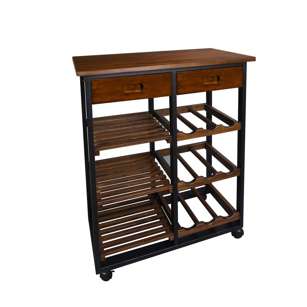 Solid Wood 28" Wide Rolling Kitchen Island Trolley with Wine Rack and Drawer. Picture 6