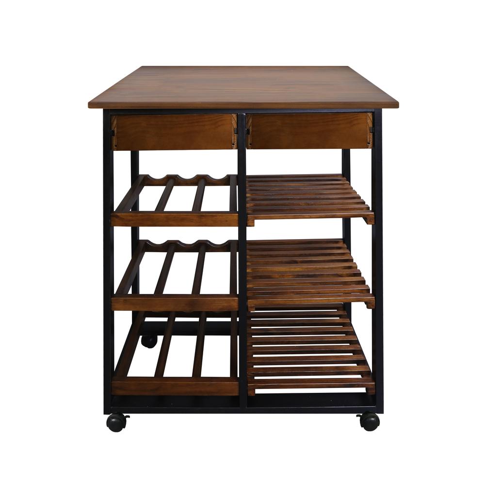 Solid Wood 28" Wide Rolling Kitchen Island Trolley with Wine Rack and Drawer. Picture 5
