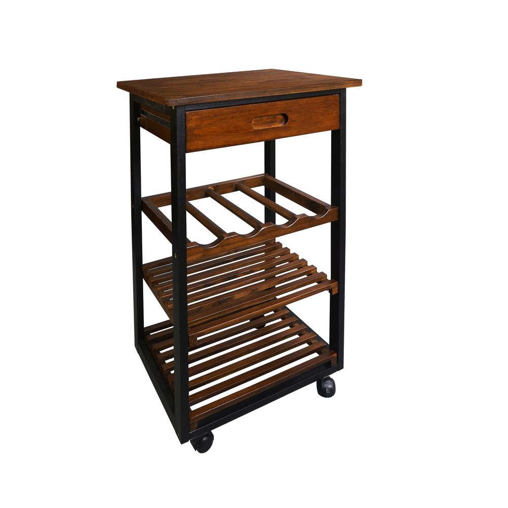 Solid Wood Small 4-Tier Rolling Kitchen Cart with Wine Rack and Drawer. Picture 5