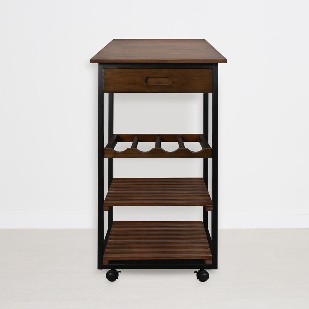 Solid Wood Small 4-Tier Rolling Kitchen Cart with Wine Rack and Drawer. Picture 6