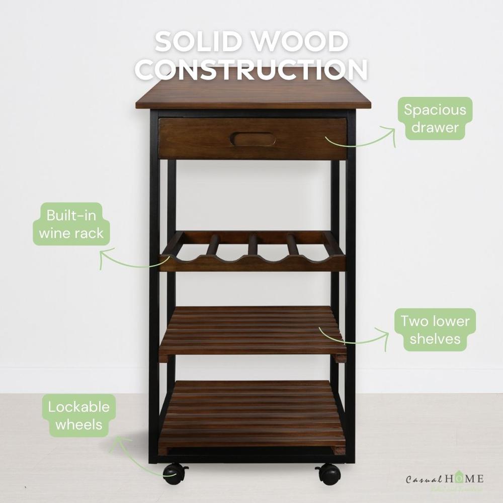 Solid Wood Small 4-Tier Rolling Kitchen Cart with Wine Rack and Drawer. Picture 13