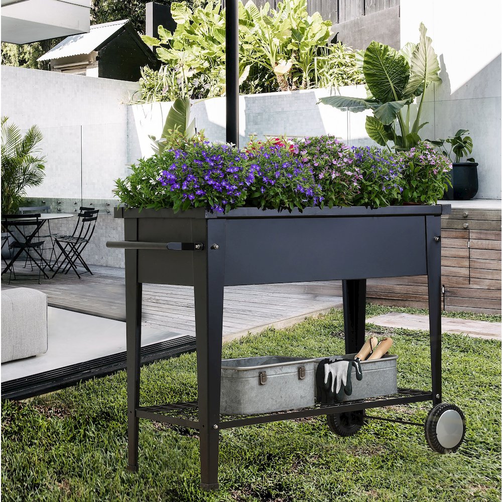 Black Mobile Metal Raised Garden Bed Planter Cart with Legs. Picture 7