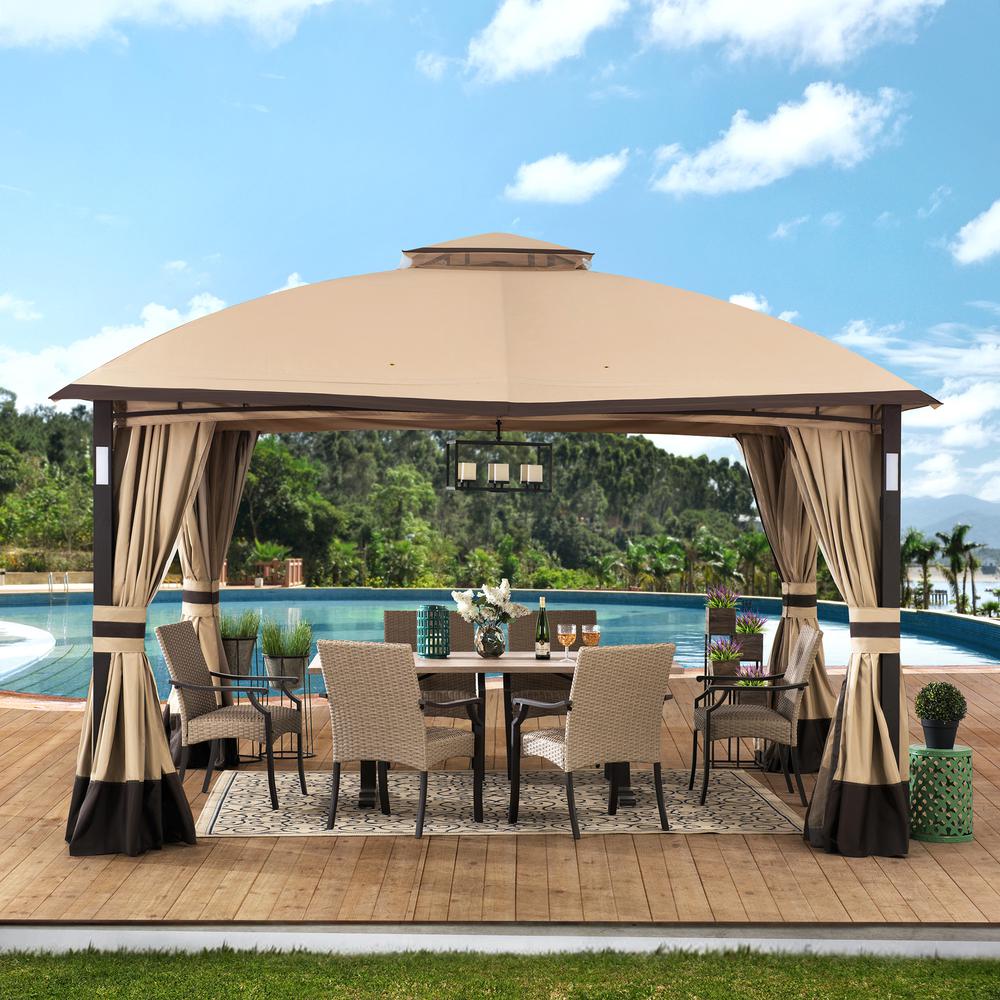 Sunjoy 11 ft. x 13 ft. Tan and Brown Gazebo with LED Lighting and Bluetooth Sound. Picture 7
