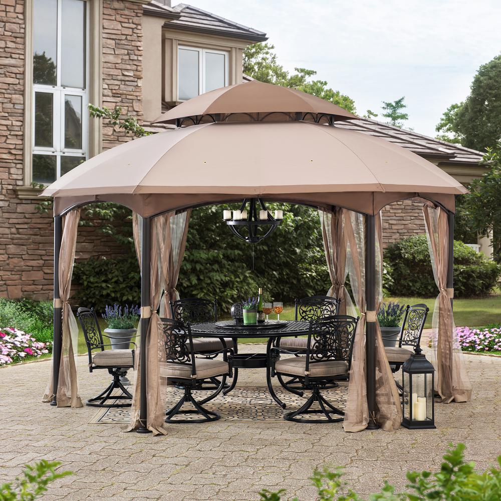 Sunjoy 13.5 ft. x 13.5 ft. Brown Steel Gazebo with 2-tier Tan and Brown Dome Canopy. Picture 8