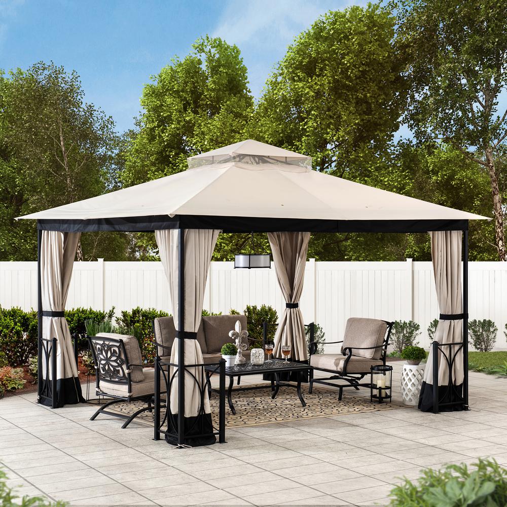 Sunjoy 11 ft. x 13 ft. Beige and Black Steel Gazebo with 2-tier Hip Roof. Picture 4