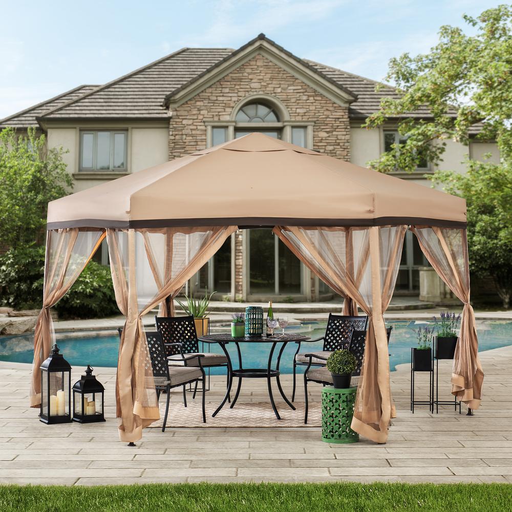 Sunjoy 11 ft. x 11 ft. Tan and Brown 2-tone Pop Up Portable Hexagon Steel Gazebo. Picture 8