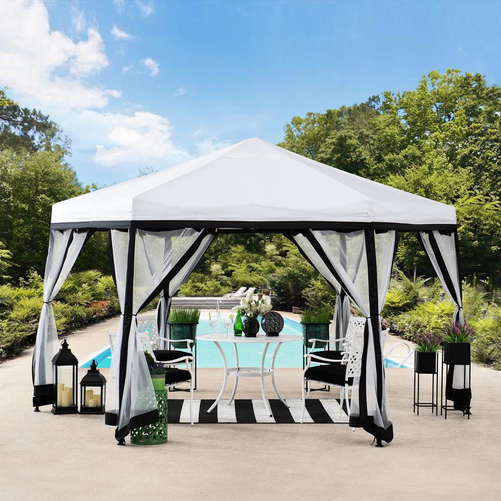 Sunjoy 11 ft. x 11 ft. White and Black 2-tone Pop Up Portable Hexagon Steel Gazebo. Picture 7