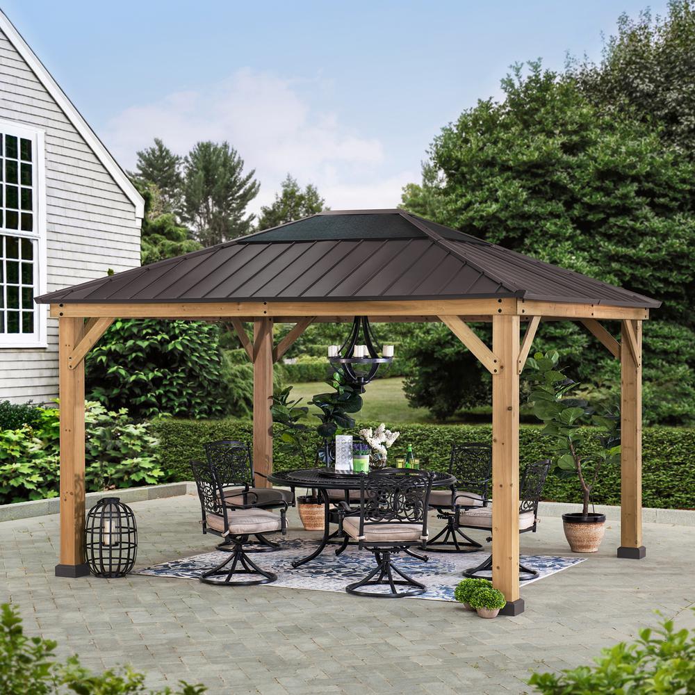 Outdoor Patio Cedar Framed Gazebo with Steel and Polycarbonate Hip Roof Hardtop. Picture 10