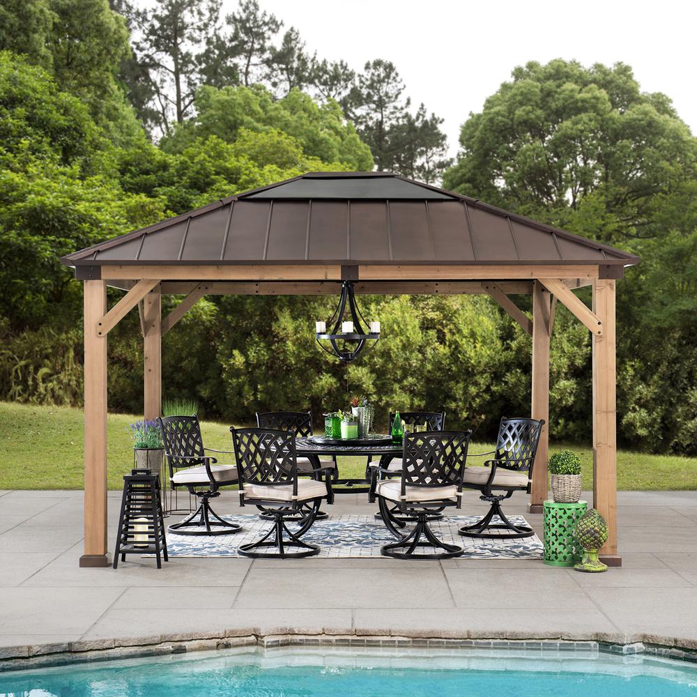 Outdoor Patio Cedar Framed Gazebo with Steel and Polycarbonate Hip Roof Hardtop. Picture 10