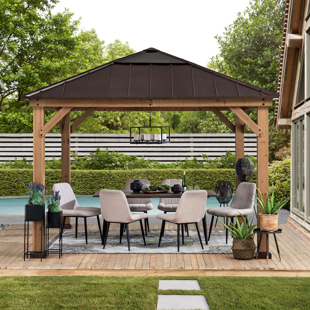 Aleah Outdoor Patio Cedar Framed Gazebo with Polycarbonate Hip Roof Hardtop. Picture 7