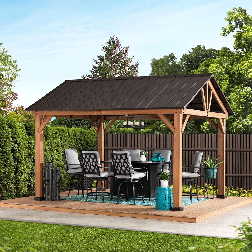 Gale Outdoor Patio Premium Cedar Wood Frame Gazebo with Steel Gable Hardtop Roof. Picture 6