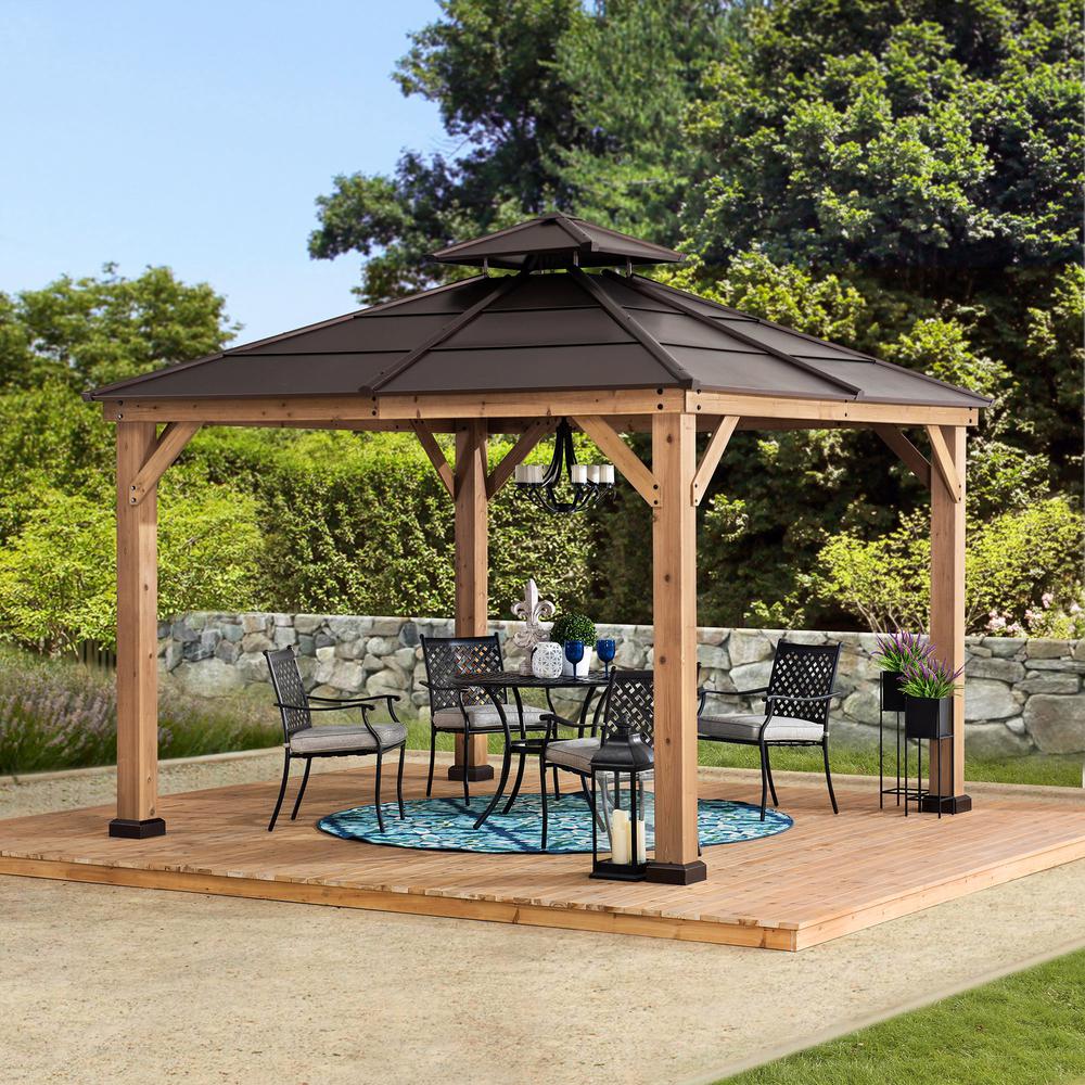 Outdoor Patio Cedar Framed Gazebo with Brown Double Steel Hardtop Roof. Picture 5