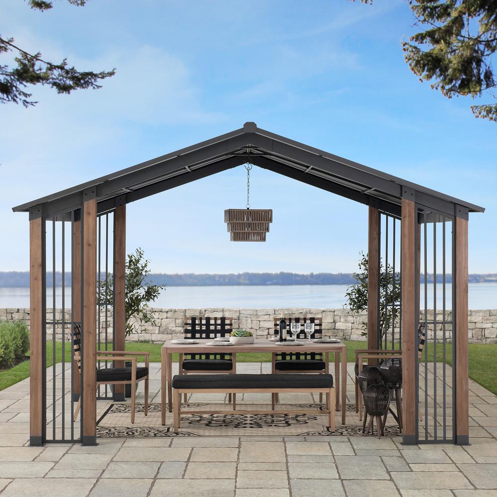 Outdoor Cedar Wood Frame Gazebo with Black Steel Hardtop Roof for Patio. Picture 6
