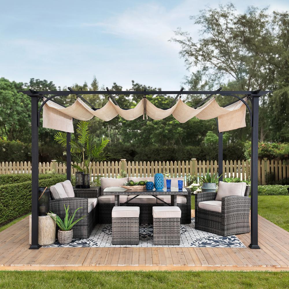 Sunjoy Jalen 12 x 9ft Patio Steel Frame Pergola with Retractable Canopy Shade. Picture 5