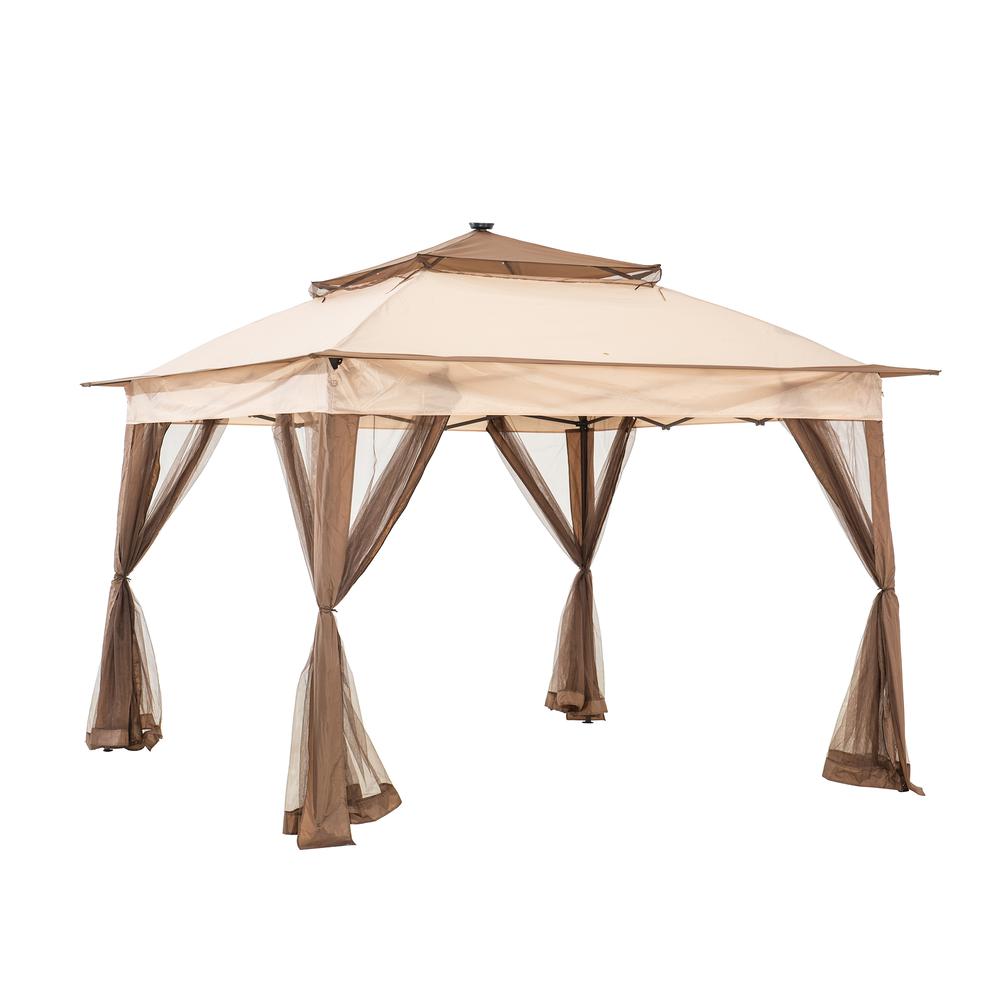 Sunjoy 11 ft. x 11 ft. Pop Up Portable Steel Gazebo with Solar LED Lighting in Brown. Picture 1