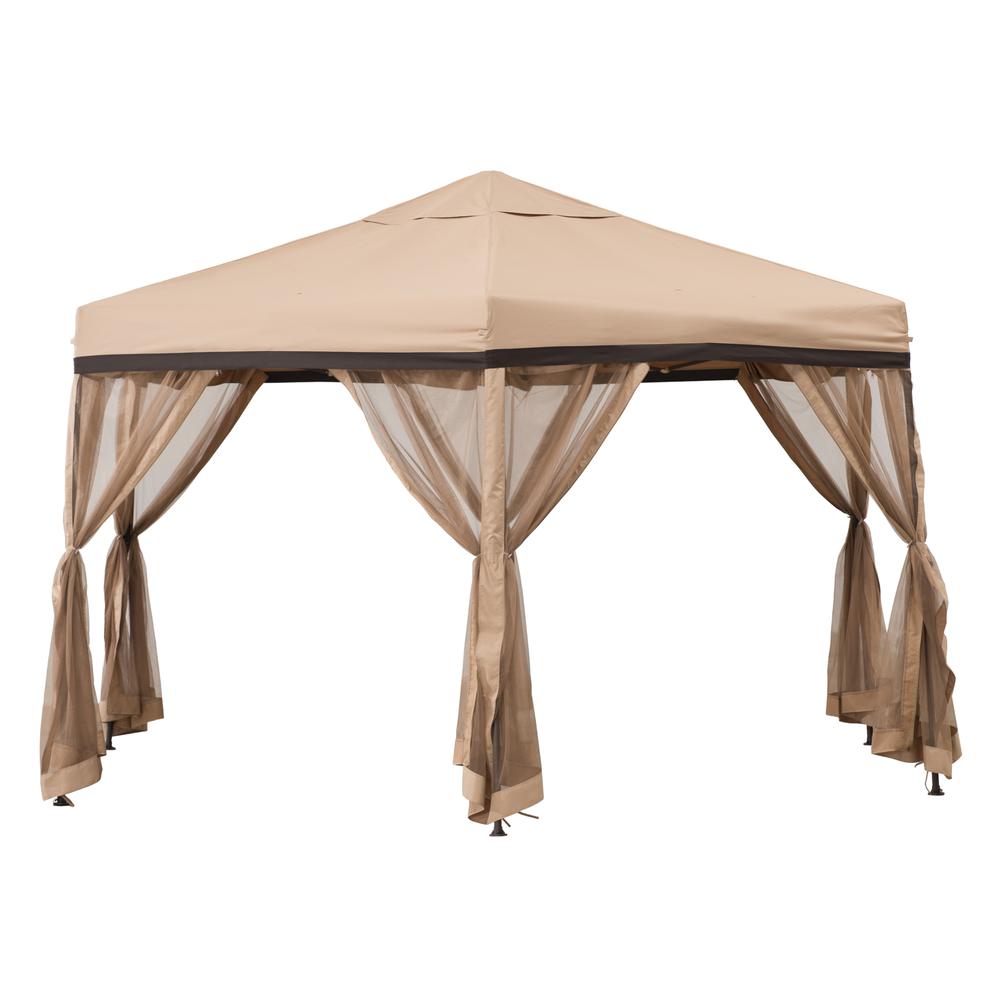 Sunjoy 11 ft. x 11 ft. Tan and Brown 2-tone Pop Up Portable Hexagon Steel Gazebo. Picture 3
