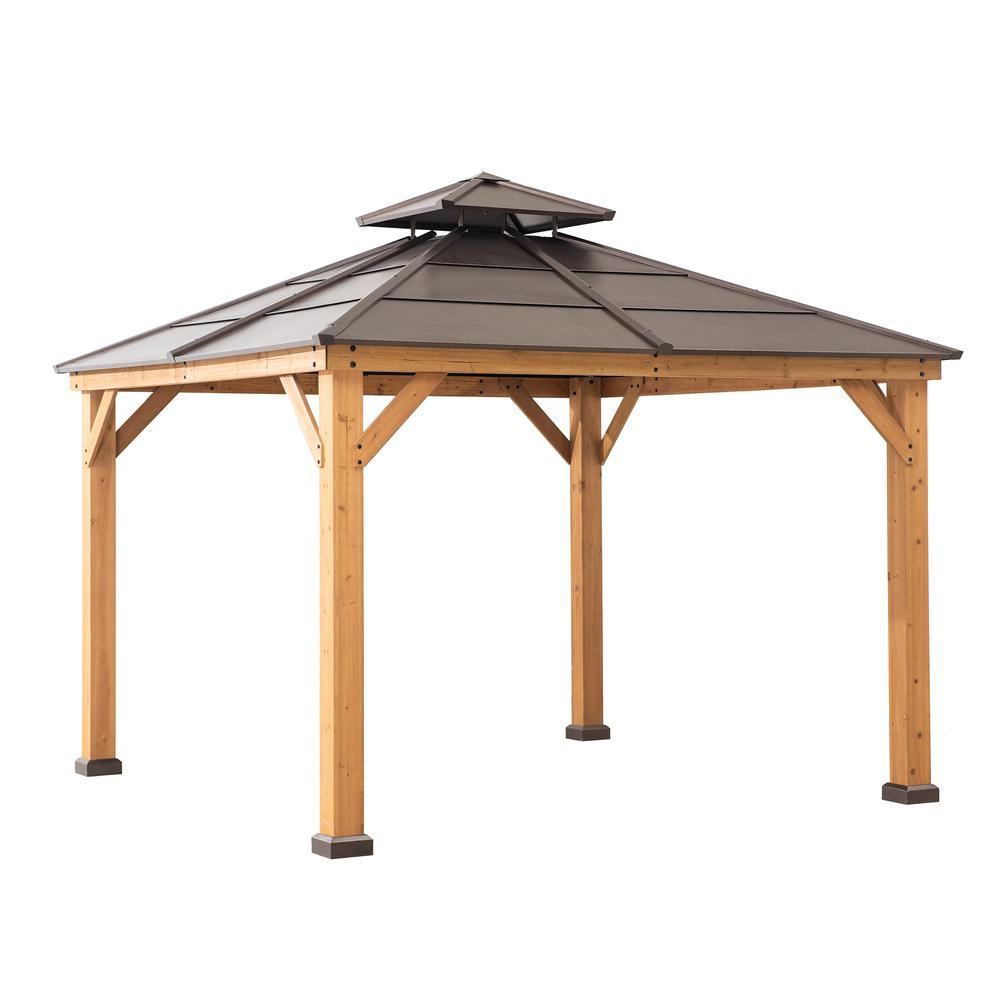 Outdoor Patio Cedar Framed Gazebo with Brown Double Steel Hardtop Roof. Picture 1