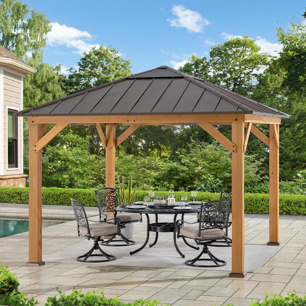 Gazebo with Brown Steel and Polycarbonate Hip Roof Hard Top. Picture 13
