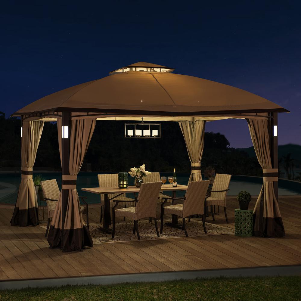 Sunjoy 11 ft. x 13 ft. Tan and Brown Gazebo with LED Lighting and Bluetooth Sound. Picture 6