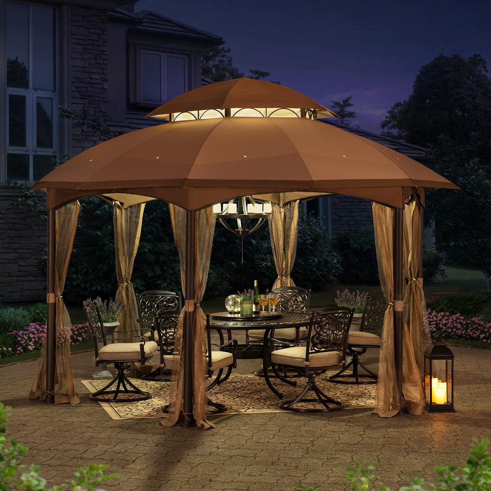 Sunjoy 13.5 ft. x 13.5 ft. Brown Steel Gazebo with 2-tier Tan and Brown Dome Canopy. Picture 7