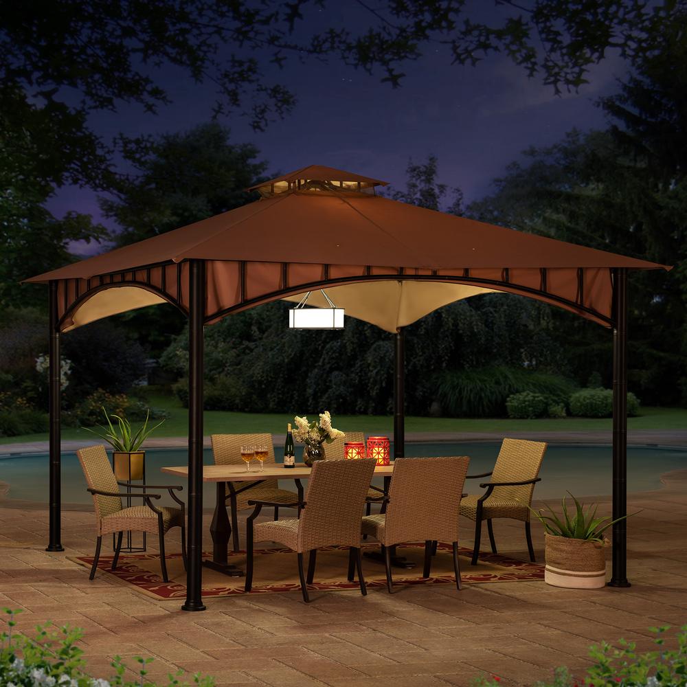 Outdoor Patio Black Bamboo Shape Steel Frame 2-Tier Soft Top Gazebo with Canopy. Picture 6